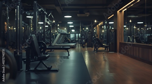 A dimly lit gym with exercise equipment and a wooden accent wall.