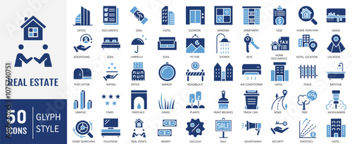 Real Estate icon collection set. Containing to real estate, transactions, types of real estate, amenities, interiors and other. Simple flat vector illustration.