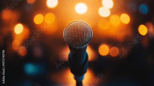 Microphone on Stage with Warm Bokeh Lights