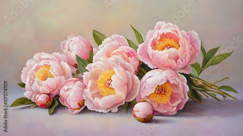  A painting of pink peonies on a pastel background, with light pink leaves