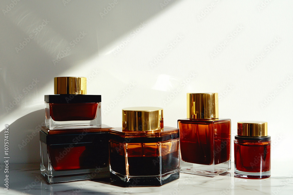 deep burgundy jars and bottles of cosmetic creams deep burgundy jars and bottles of cosmetic creams