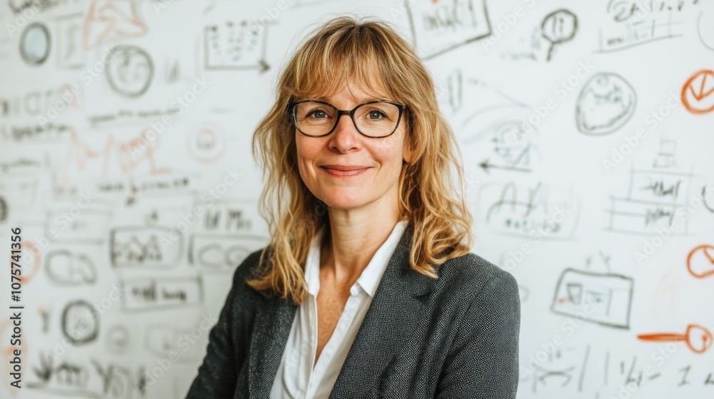 A professional woman smiles in front of a wall filled with sketches and diagrams. A professional woman smiles in front of a wall filled with sketches and diagrams.
