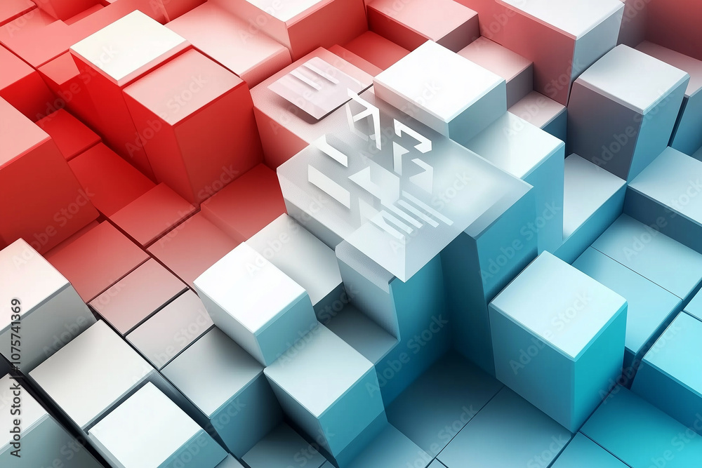 Obraz premium A digital landscape with gradient background and cubic shapes creating a chaotic visual effect in vibrant colors at an abstract perspective
