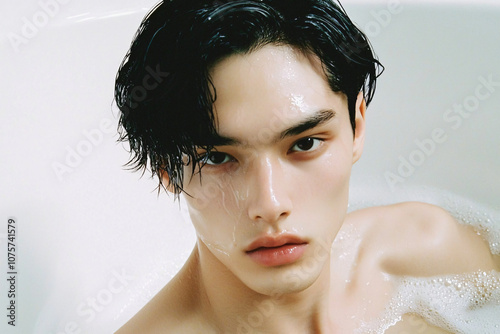 asian male model using skincare oil treatment for facial renewal photo