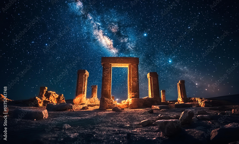 Fototapeta premium Remains of ancient mythical megalithic complex with huge stones at night, against of Milky Way panoramic view at sky. Conspiracy concept illustration