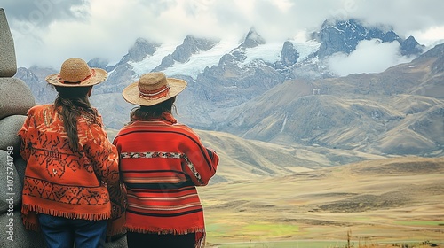 Modern mayan people looking over the Remains of ancient megalithic complex with huge stones. Beautiful landscape with mountains at the background photo