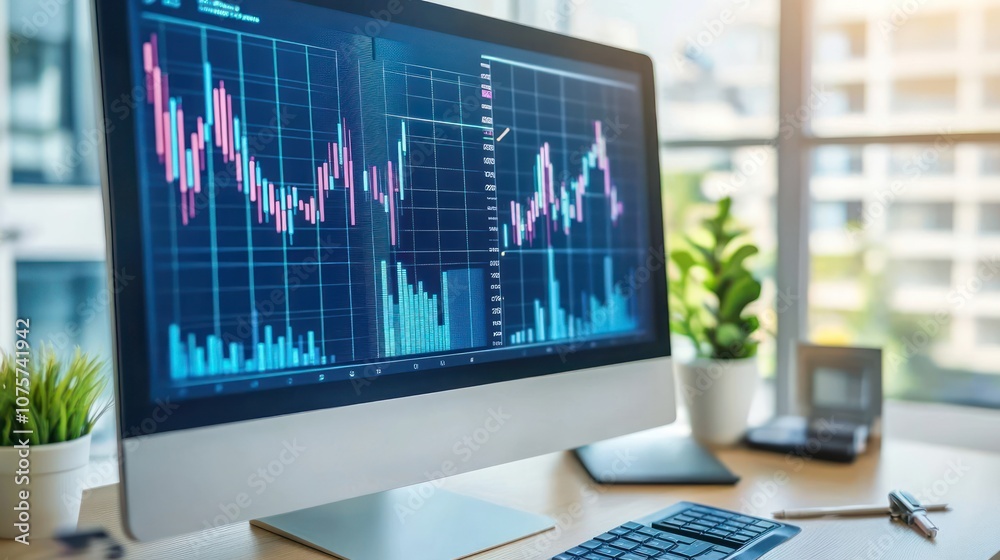 A computer displaying financial market data and charts in a modern office setting. A computer displaying financial market data and charts in a modern office setting.