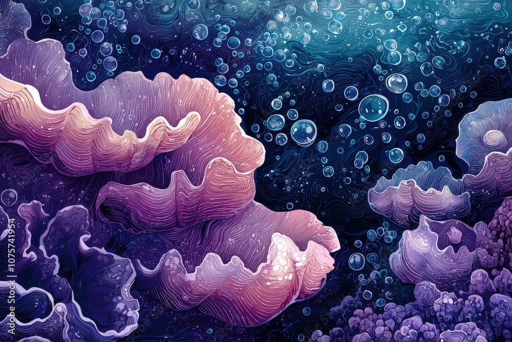 Oceanic and calming comic-style background in deep violet and teal, featuring underwater bubbles and abstract coral shapes for a tranquil, sea-inspired design..