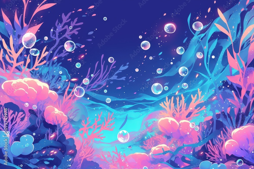 Oceanic and calming comic-style background in deep violet and teal, featuring underwater bubbles and abstract coral shapes for a tranquil, sea-inspired design..