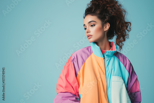 stylish woman wearing colorful 80s inspired sports jacket against blue background. vibrant colors and retro design evoke sense of nostalgia and fun