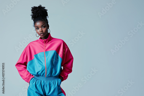 stylish woman in vibrant 80s inspired tracksuit, featuring pink and blue colors, exuding confidence and retro charm. Perfect for sports or casual wear
