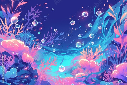 Obraz na płótnie Oceanic and calming comic-style background in deep violet and teal, featuring underwater bubbles and abstract coral shapes for a tranquil, sea-inspired design.. w salonie