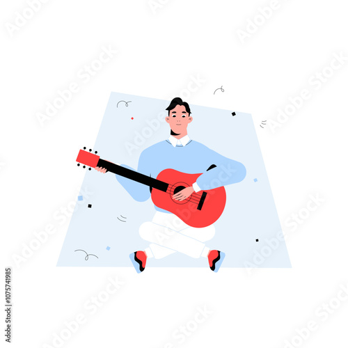 Man Sitting With Guitar In Flat Vector Illustration Symbolizing Music, Relaxation, And Creativity, Isolated On White Background