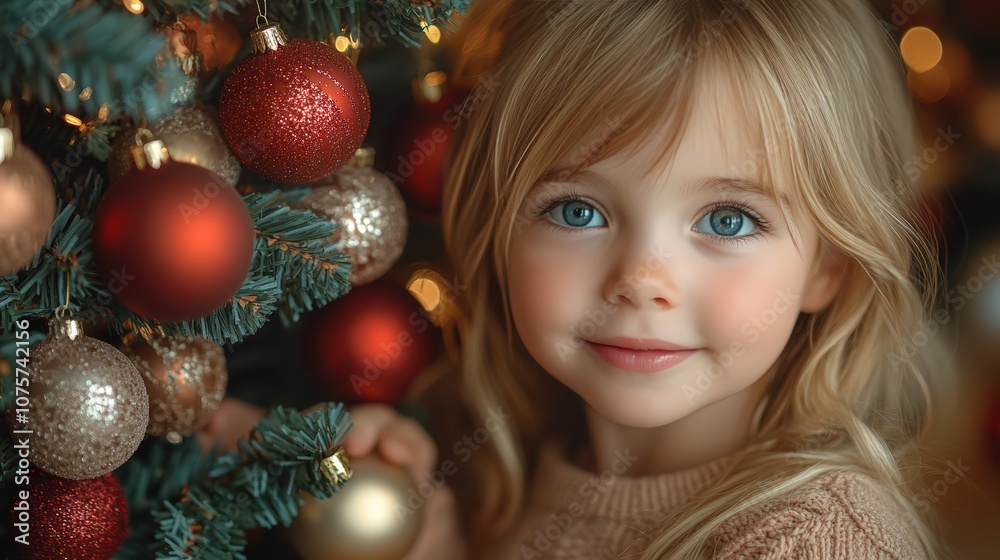 Portrait of a cute little girl decorate the Christmas tree with red balls christmas tree at home Portrait of a cute little girl decorate the Christmas tree with red balls christmas tree at home