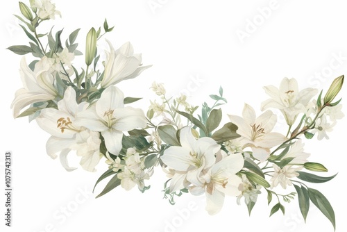 Pure and graceful watercolor-style border featuring white lilies with soft green leaves, ideal for elegant and refined designs with a natural touch..