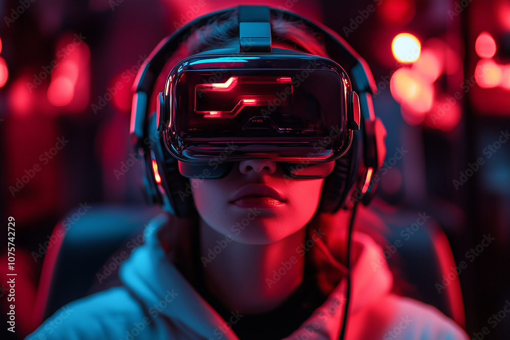 A gamer immersed in virtual reality, surrounded by vibrant red lights, experiencing an intense gaming session in a modern gaming setup A gamer immersed in virtual reality, surrounded by vibrant red lights, experiencing an intense gaming session in a modern gaming setup
