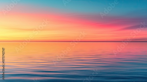 A serene sunset over calm waters, displaying vibrant hues of pink, orange, and blue, reflecting a tranquil mood.