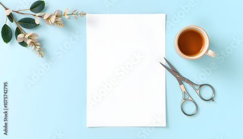 Blank paper sheet US letter size mockup for printable product, worksheet, coloring page, template, top view flat lay composition with scissors and coffee cup isolated with white highlights, png