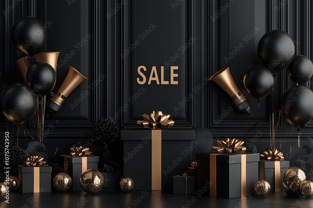 Black and gold Friday sale poster with gift boxes, balloons, and promotional elements for an exciting shopping event Black and gold Friday sale poster with gift boxes, balloons, and promotional elements for an exciting shopping event