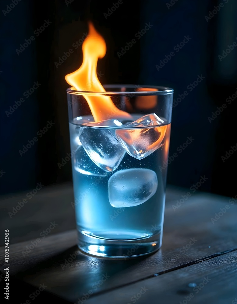A glass of blue liquid with ice cubes and a flame burning above it A glass of blue liquid with ice cubes and a flame burning above it
