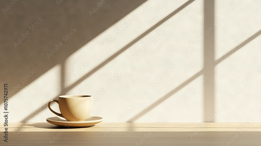 A cup and saucer rest on a table near a window, casting a shadow on the wall A cup and saucer rest on a table near a window, casting a shadow on the wall