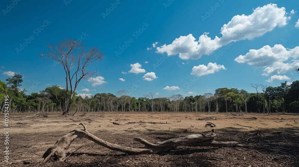 Fototapeta premium Panorama zniszczonego lasu, gdzie pod żywym, niebieskim niebem rozpościera się widok powalonych pni i pustego terenu, silnie ukazując skutki niszczenia ekosystemu