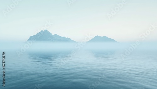 Misty Mountain Range Reflecting on Calm Ocean