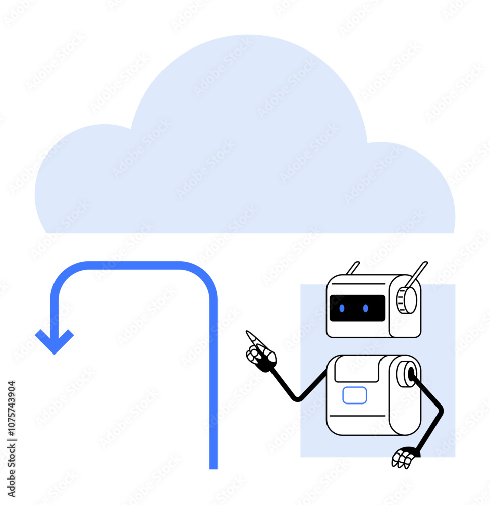 Robot with pointer stands beside download arrow aiming at cloud. Ideal for technology, digital services, automation, cloud storage, data management, artificial intelligence, future tech. Line Robot with pointer stands beside download arrow aiming at cloud. Ideal for technology, digital services, automation, cloud storage, data management, artificial intelligence, future tech. Line