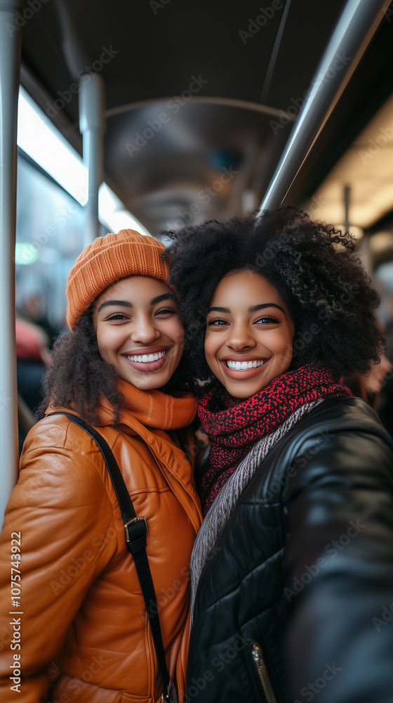 lgbt lesbian couple embracing together inside a subway train sharing love, affection, and intimacy with an urban street lifestyle
