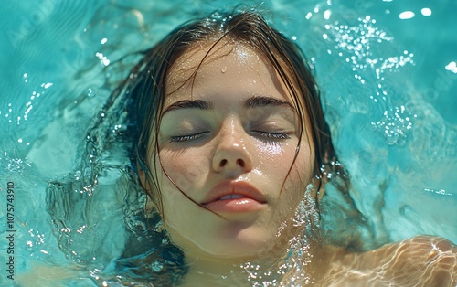 Woman with closed eyes submerged in a pool of water, face visible. photo