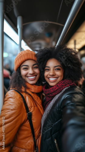 Obraz na płótnie lgbt lesbian couple embracing together inside a subway train sharing love, affection, and intimacy with an urban street lifestyle w salonie