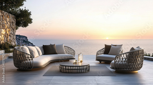 Taras z widokiem na ocean, gdzie stylowe meble tworzą przestrzeń pełną harmonii i wyrafinowania. Zach&oacute;d słońca rozświetla elegancką aranżację, nadając jej luksusowy, relaksujący charakter.