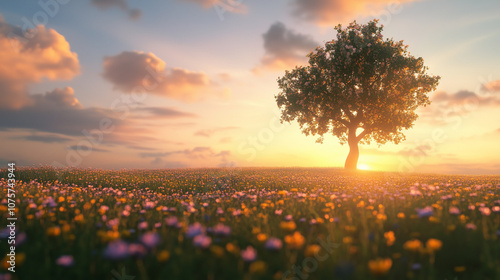 Samotne drzewo w otoczeniu dzikich kwiat&oacute;w, oświetlone miękkim światłem zachodzącego słońca. 