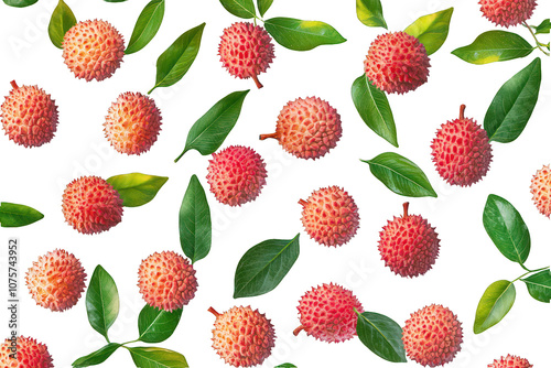 Pattern of lychees with green leaves, isolated on a Transparent background for food or nature-related designs. 