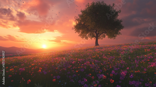 Samotne drzewo w otoczeniu dzikich kwiat&oacute;w, oświetlone miękkim światłem zachodzącego słońca. 