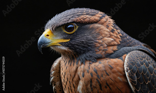 A close-up of a hawk's face against a black background