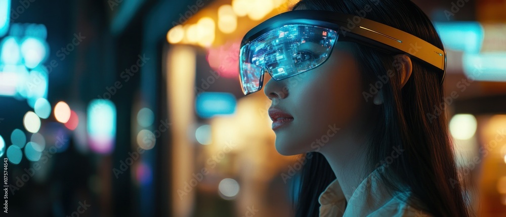 A woman wearing futuristic glasses stands against a vibrant urban backdrop. A woman wearing futuristic glasses stands against a vibrant urban backdrop.