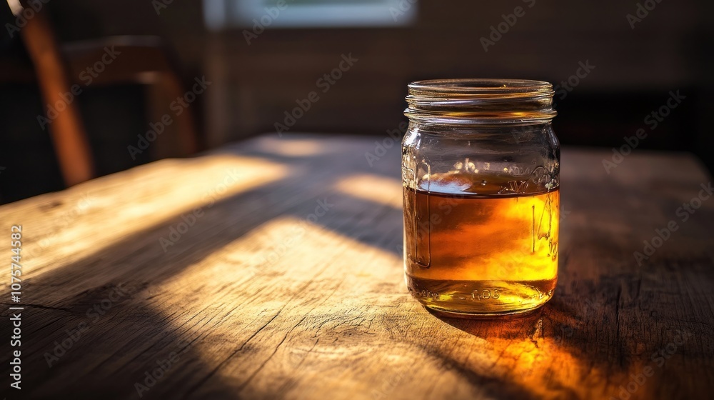 A jar of golden liquid sits on a wooden table, illuminated by soft sunlight.