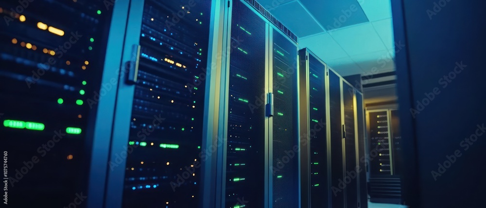 A row of server racks illuminated with blue and green lights in a data center. A row of server racks illuminated with blue and green lights in a data center.