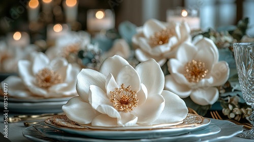  A cluster of white blossoms rests atop a table beside two silver mugs and dishes