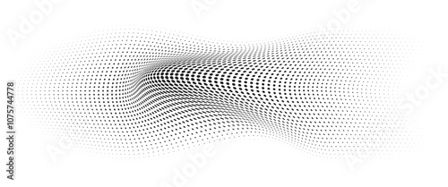 Flowing Wave Dot Halftone Pattern: Curve Gradient Shape on Transparent Background. Suitable for AI, Tech, Network, Digital, Science, and Technology Themes.
