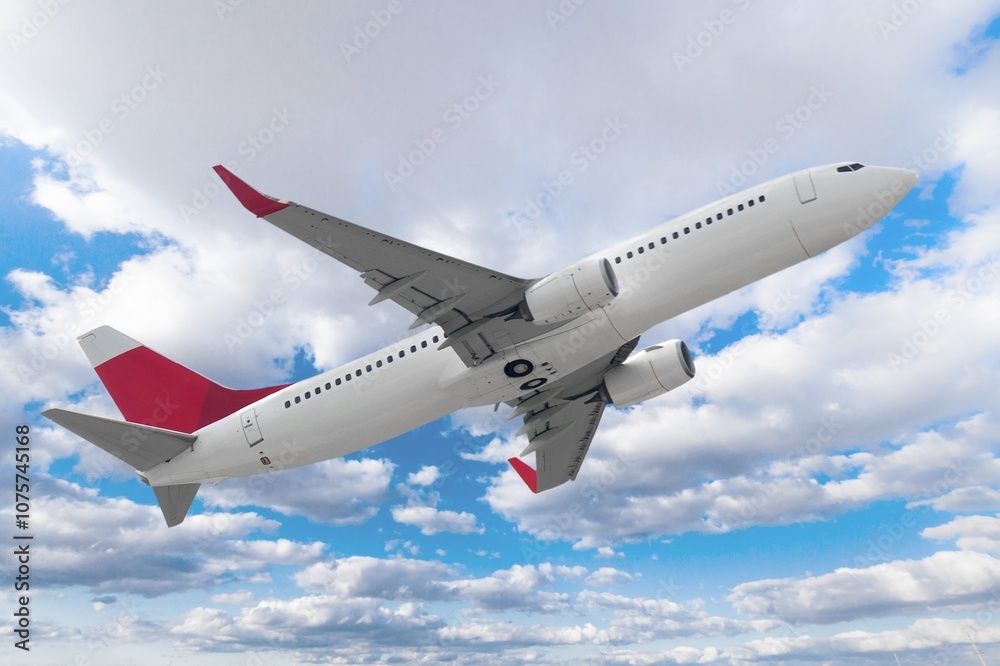 Fototapeta premium Airplane flying in blue cloudy sky, travel background