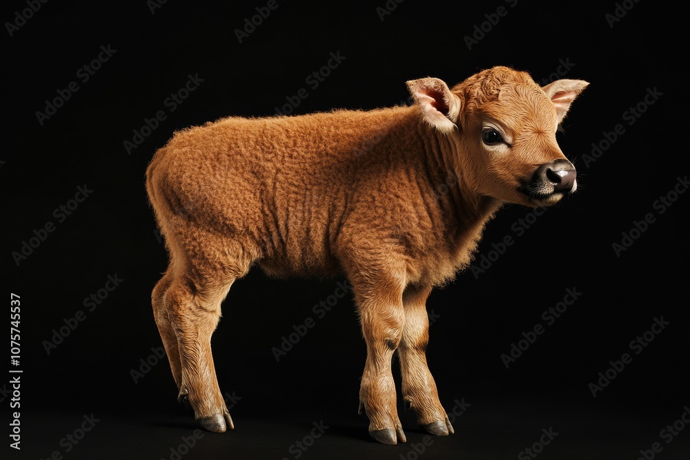 the beside view baby African Buffalo standing, left side view, low angle, white copy space on right, Isolated on black Background the beside view baby African Buffalo standing, left side view, low angle, white copy space on right, Isolated on black Background