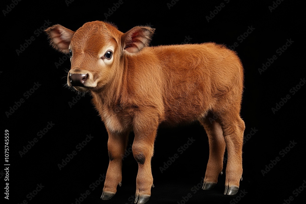 Fototapeta premium the beside view baby African Buffalo standing, left side view, low angle, white copy space on right, Isolated on black Background