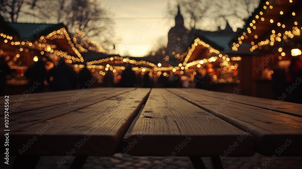 A cozy market scene at dusk with illuminated stalls and a wooden table in the foreground. A cozy market scene at dusk with illuminated stalls and a wooden table in the foreground.