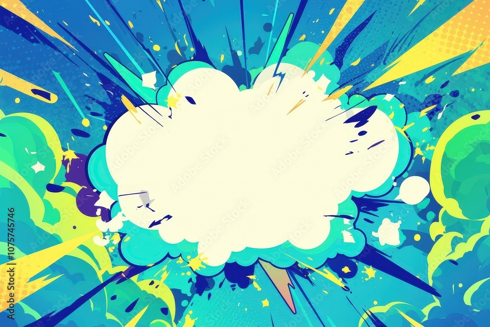 Dynamic comic book-style background in vibrant blue and green, featuring speech bubbles, cartoon-style explosions, and a halftone effect for a lively, action-packed look..