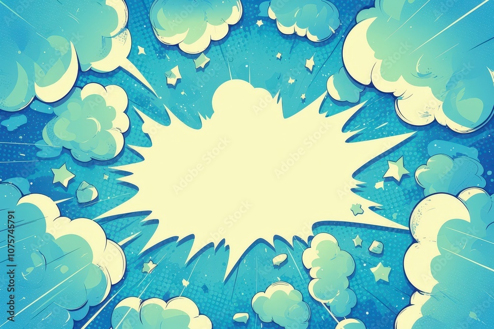Dynamic comic book-style background in vibrant blue and green, featuring speech bubbles, cartoon-style explosions, and a halftone effect for a lively, action-packed look..