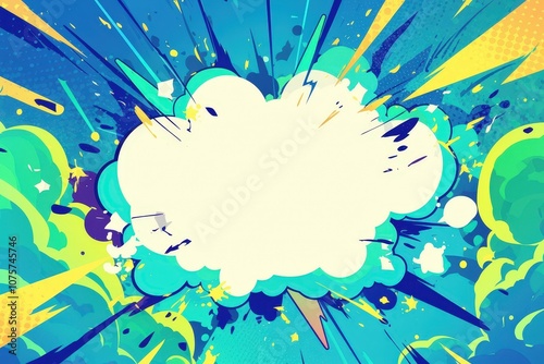 Obraz na płótnie Dynamic comic book-style background in vibrant blue and green, featuring speech bubbles, cartoon-style explosions, and a halftone effect for a lively, action-packed look.. w salonie