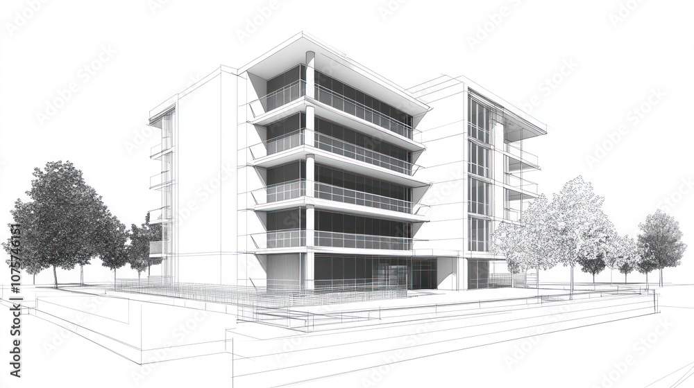 Fototapeta premium Architectural sketch of a modern building with multiple levels and surrounding greenery.