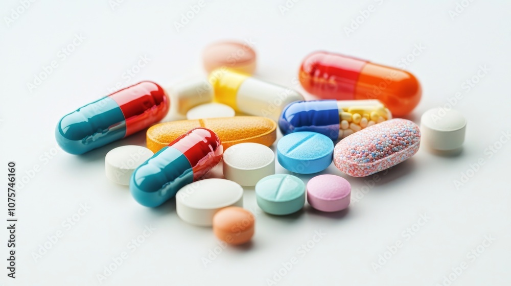 A Vibrant and Colorful Collection of Various Pills and Capsules Displayed on a Light Background A Vibrant and Colorful Collection of Various Pills and Capsules Displayed on a Light Background